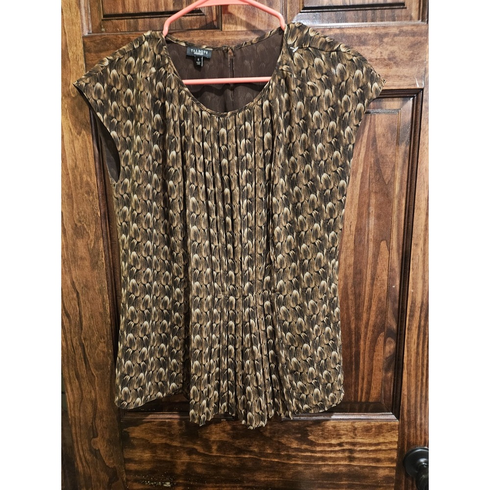 Talbots Womens Size 6 Feather Print Blouse Sleeveless Brown Pleated Lined Top